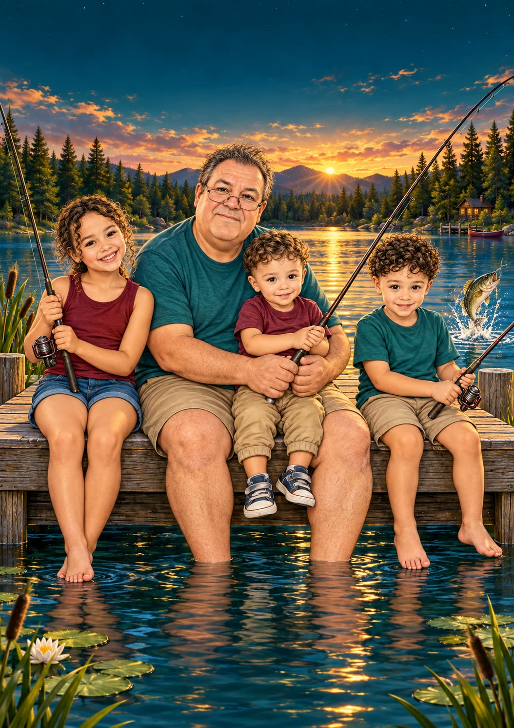 Full-color cover example: grandfather fishing with three grandchildren at sunset