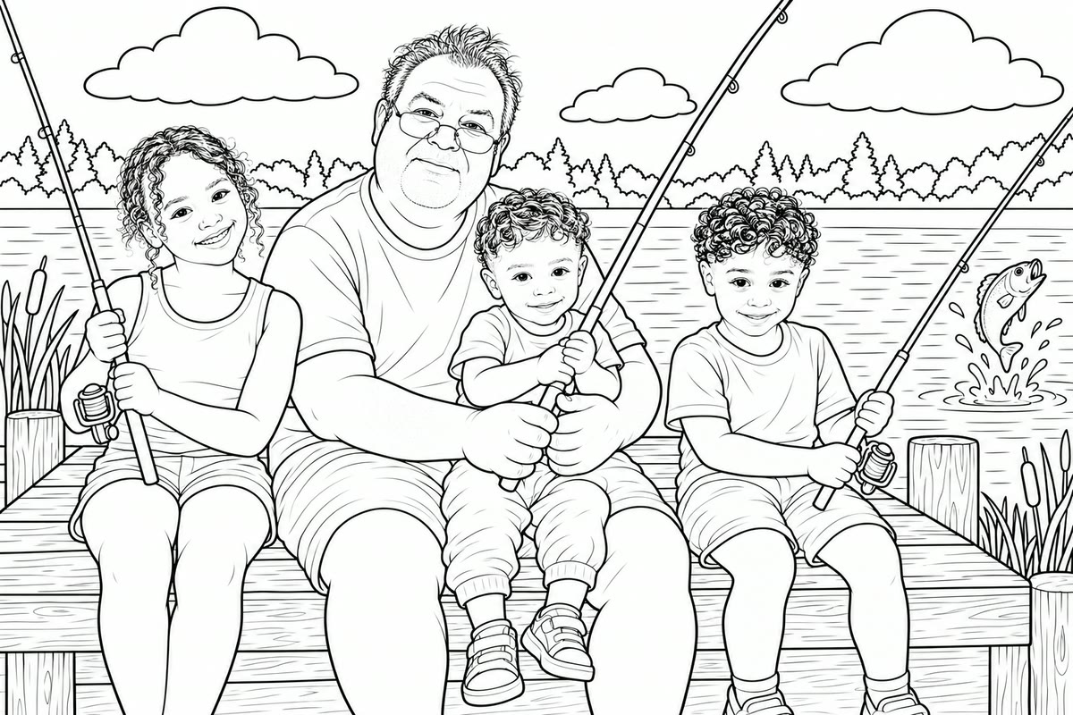 Example personalized coloring page: grandfather fishing with three grandchildren, black and white line art